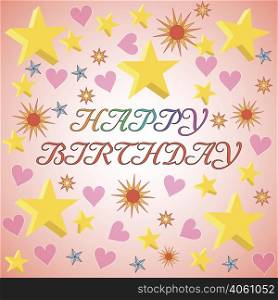card banner greetings happy birthday,3D stars in different colors, hearts, stars, vector for website design print paper. birthday