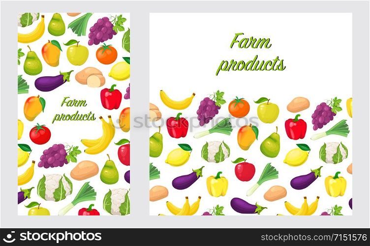 Card, banner or flyer with farm products in flat style on white background