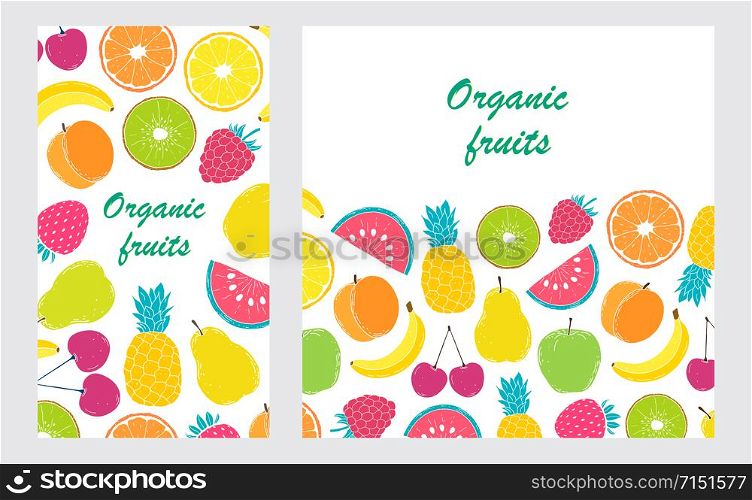 Card, banner or flyer with fruits in doodle style on white background