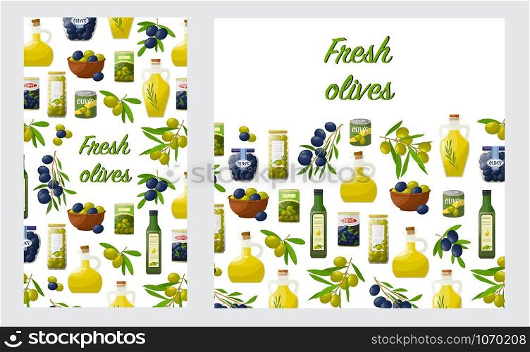 Card, banner or flyer with olives products on white background