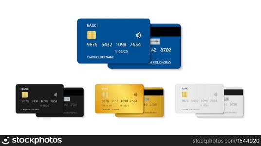 Card credit. Bank debit plastic card. Template in front with chip. Design mockup for money, payment, business. Realistic icon of blue, gold, white, black. Security pay and transaction in store. Vector. Card credit. Bank debit plastic card. Template in front with chip. Design mockup for money, payment, business. Realistic icon of blue, gold, white, black. Security pay, transaction in store. Vector.