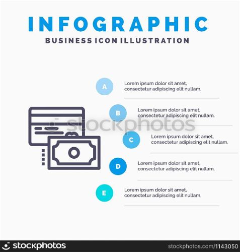 Card, Credit, Payment, Money Blue Infographics Template 5 Steps. Vector Line Icon template