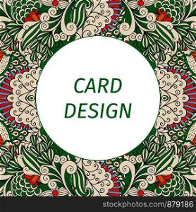 Card design with floral ornamental pattern with outline swirls and decorative elements in green and white colors. Vector illustration. Card design with floral green pattern