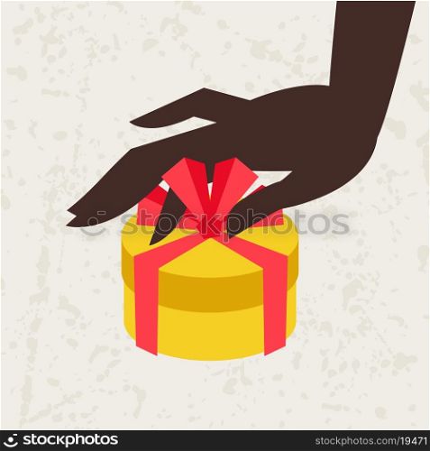 Card female hand holding a gift box.