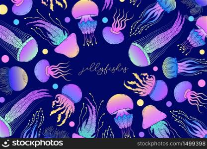 Card, flyer with jellyfishes in hand drawn style on dark blue background. Card with jellyfishes