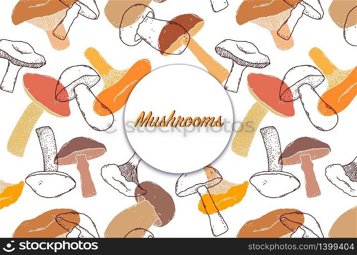 Card, flyer with mushrooms in hand drawn style on white background. Card with mushrooms