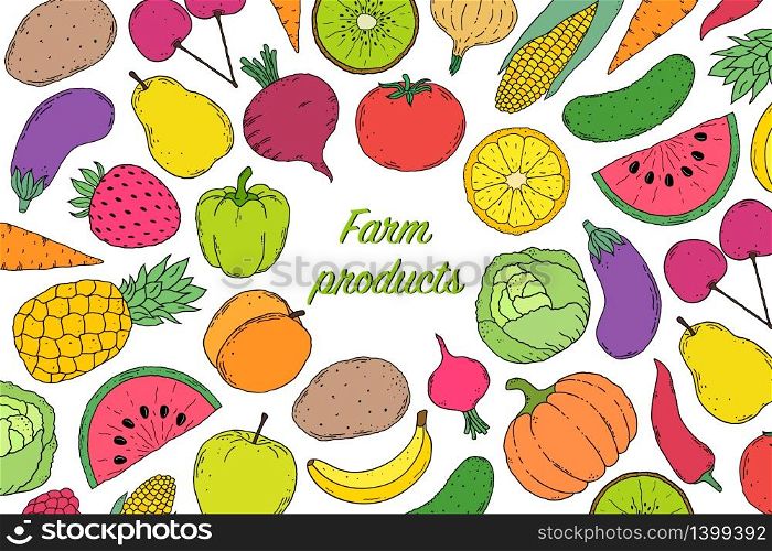 Card, flyer with vegetables and fruits in hand drawn style. flyer with vegetables and fruits