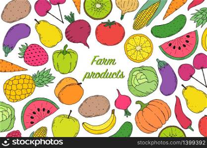 Card, flyer with vegetables and fruits in hand drawn style. flyer with vegetables and fruits