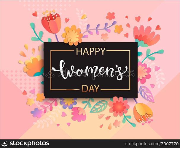 Card for happy women&rsquo;s day, vector.. Card for happy women&rsquo;s day in square black frame on geometric background pastel colors with beautiful flowers. Vector illustration template, banner, flyer, invitation, poster.