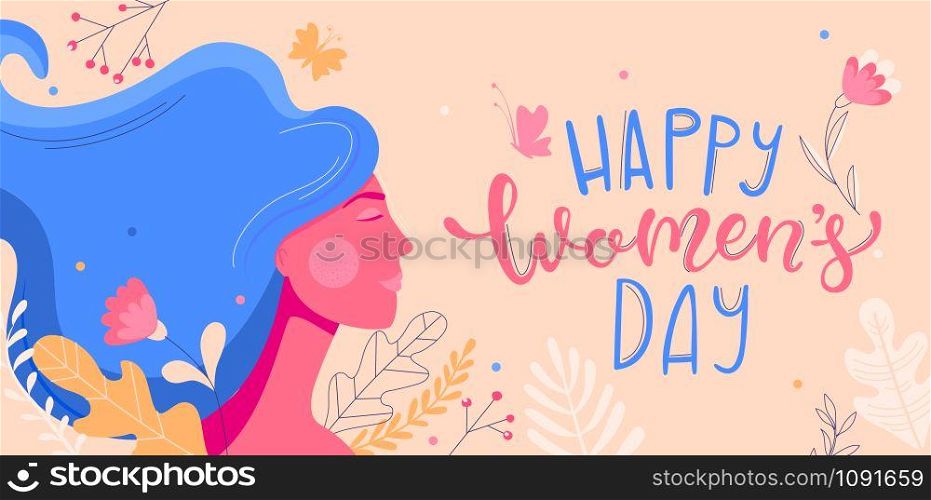 Card for International Women&rsquo;s Day. Banner, flyer for March 8 with woman face and decorating by flowers. Congratulating and wishing happy holiday placard for newsletter, brochures.Vector illustration.. Card for International Women&rsquo;s Day .