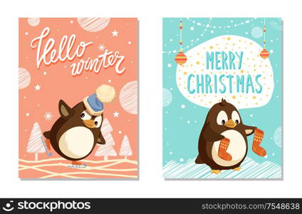 Card Hello Winter decorated by skating penguin in hat. Animal holding socks with pattern, greeting Merry Christmas. Winter postcard with birds vector. Hello Winter and Merry Xmas Card Penguins Vector