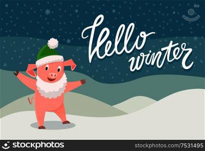 Card hello winter with symbol of 2019 pig. Pink happy piggy with Santa green hat and beard, standing under snowfall outdoor vector winter dark night. Card Hello Winter with Symbol of 2019 Pig Vector