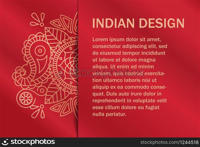 Card invitation in indian style with indian ornament and pattern on fabric red texture