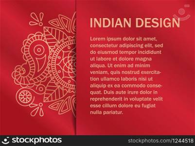 Card invitation in indian style with indian ornament and pattern on fabric red texture