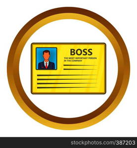 Card of boss vector icon in golden circle, cartoon style isolated on white background. Card of boss vector icon