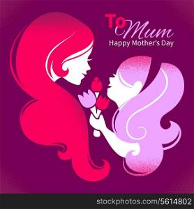 Card of Happy Mother&rsquo;s Day. Beautiful mother silhouette with her daughter and flowers