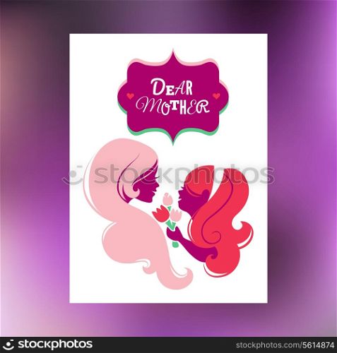 Card of Happy Mother&rsquo;s Day. Beautiful mother silhouette with her daughter and flowers