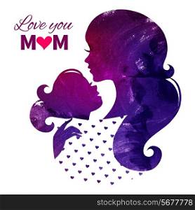 Card of Happy Mothers Day. Beautiful mother silhouette with her daughter. Watercolor vector illustration