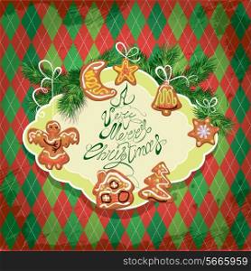 Card of xmas gingerbread - cookies in angel, star, moon, bell, house and fir-tree branches. Hand written text A Very Merry Christmas. Elements for Christmas and New Year holidays design.