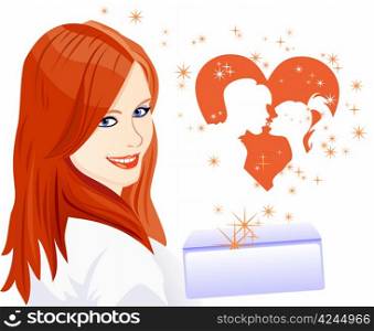 card on the day of lovers, a girl with an envelope, which departs from the heart, the silhouettes of the lovers and stars