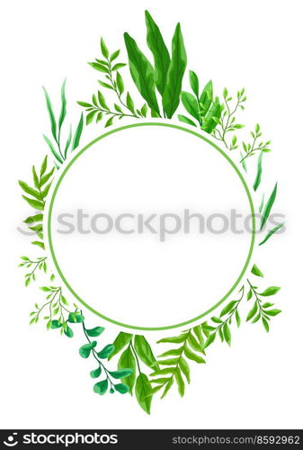 Card or background with branches and green leaves. Spring or summer stylized foliage. Seasonal illustration.. Card or background with branches and green leaves. Spring or summer stylized foliage.