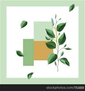 Card or print with branch and green leaves. Spring or summer stylized foliage. Seasonal illustration.. Card or print with branch and green leaves. Spring or summer stylized foliage.