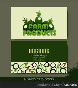 Card set eco design, organic foods shop or vegan cafe business card with vegetables and fruits doodle background.