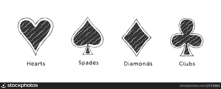 Card suit icons. Symbols of cards suit. Playing card suit, diamonds, clubs, hearts and spades. Vector image