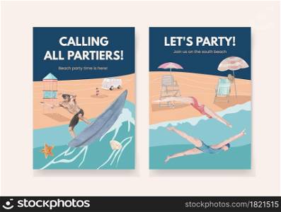 Card template with beach vacation concept design watercolor illustration