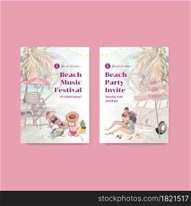 Card template with beach vacation concept design watercolor illustration