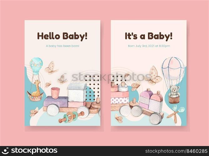 Card template with hello baby concept ,watercolor style 