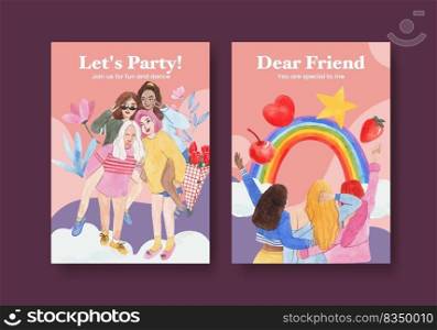 Card template with National Friendship Day concept,watercolor style 