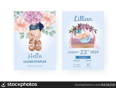 Card template with newborn baby concept,watercolor style
