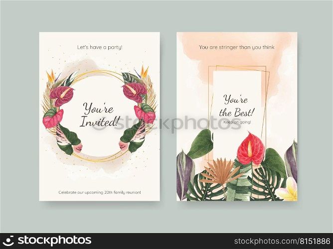 Card template with troπcal botany concept, watercolor sty≤