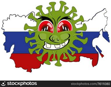 Card to Russia in colour of the flag and cartoon coronavirus. Cartoon coronavirus on card of the Russia
