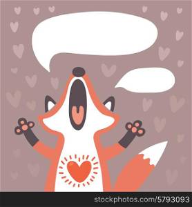 Card to the birthday or other holiday with cute fox and a place for your text. Vector illustration.