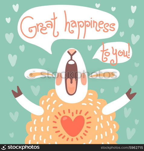 Card to the birthday or other holiday with cute sheep and wish great happiness. Vector illustration.