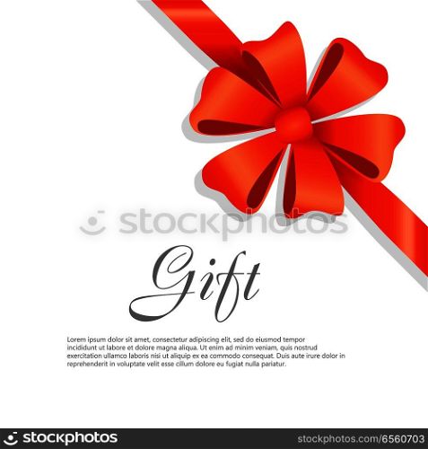 Card vector illustration on white background, luxury wide gift bow with red knot or ribbon and space frame for text, gift wrapping template for banner, poster design. Simple cartoon style Flat design. Gift Red Wide Ribbon. Bright Bow with Two Petals