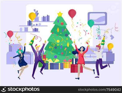 card winter Holidays corporate Party. Merry Christmas and Happy New Year Website with People Characters. Company of young friends or colleagues celebrates. card winter Holidays corporate Party. Merry Christmas and Happy New Year with People Characters. Company of young friends or colleagues