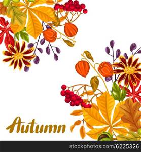 Card with autumn leaves and plants. Design for advertising booklets, banners, flayers, cards.