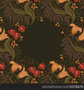 Card with autumn pattern with flowers, berries, physalis and place for text. Card with floral ornament on dark background. Vector natural template with bouquets for invitation and banner. Card with autumn pattern with flowers, berries, physalis and place for text. Card with floral ornament on dark background. Vector natural template