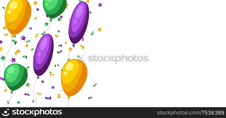 Card with balloons in Mardi Gras colors. Carnival background for traditional holiday or festival.. Card with balloons in Mardi Gras colors.