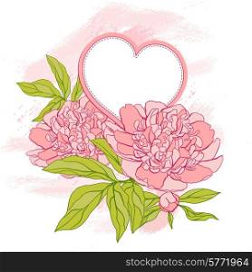 Card with beautiful on grunge background. Hand drawn vector illustration.. Card with peony on grunge background.