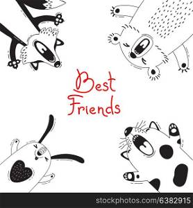 Card with Best Friends Bear Fox Dog Rabbit.. Card with Best Friends Bear Fox Dog Rabbit. Vector illustration.