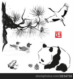 "Card with cedar in the bird and panda bear. Hand-drawn with ink. Traditional Japanese painting. Vector illustration. Hieroglyph " way""