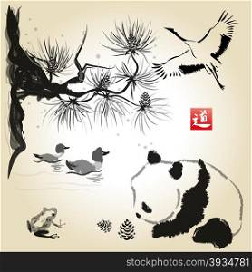 "Card with cedar in the bird and panda bear. Hand-drawn with ink. Traditional Japanese painting. Vector illustration. Hieroglyph " way""