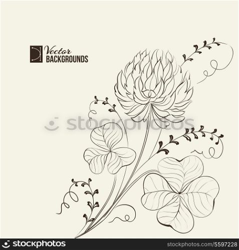 Card with clover leaves and flower in sepia tones. Vector illustration.