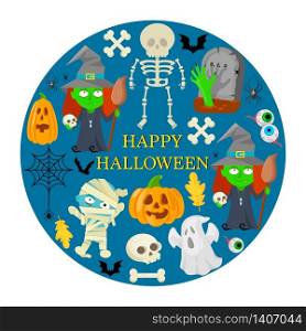 Card with colorful cartoon object for Halloween on blue background.