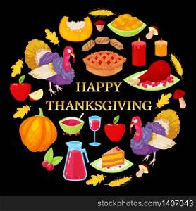 Card with colorful cartoon object for thanksgiving day on black background.