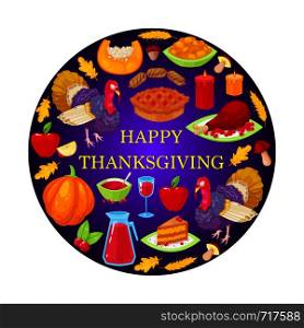 Card with colorful cartoon object for thanksgiving day on violet background.